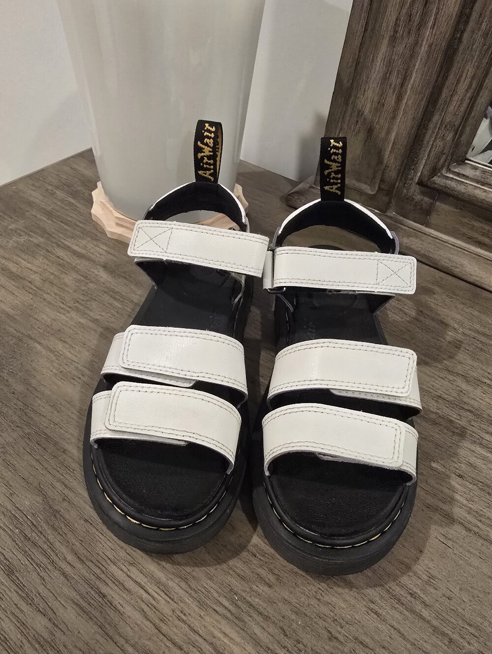 Dr. Martens White Leather Kids Velcro Sandals with Black Sole